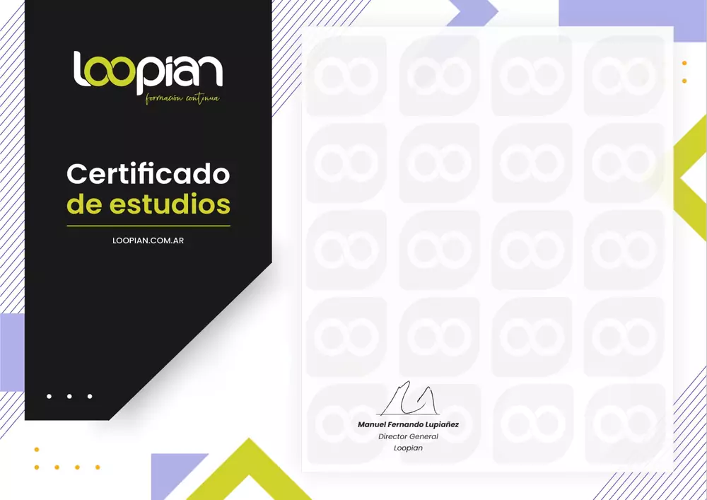 Vista previa del certificado de estudios de Loopian con tu nombre, el curso y la carga horaria